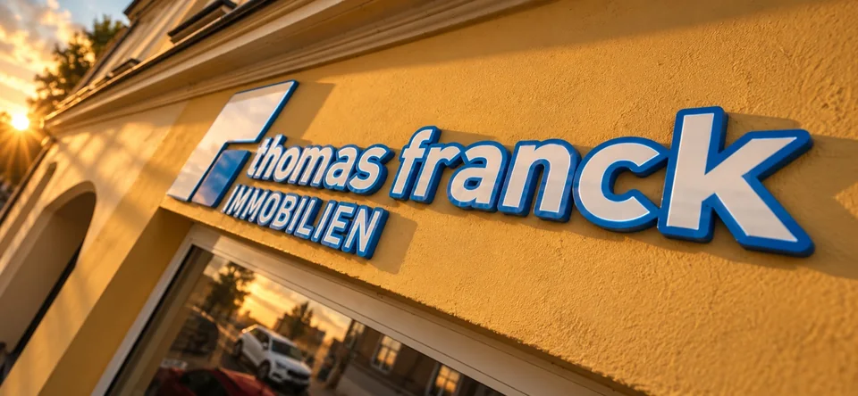Blau-weißer Schriftzug thomas franck Immobilien an einer gelben Fassade